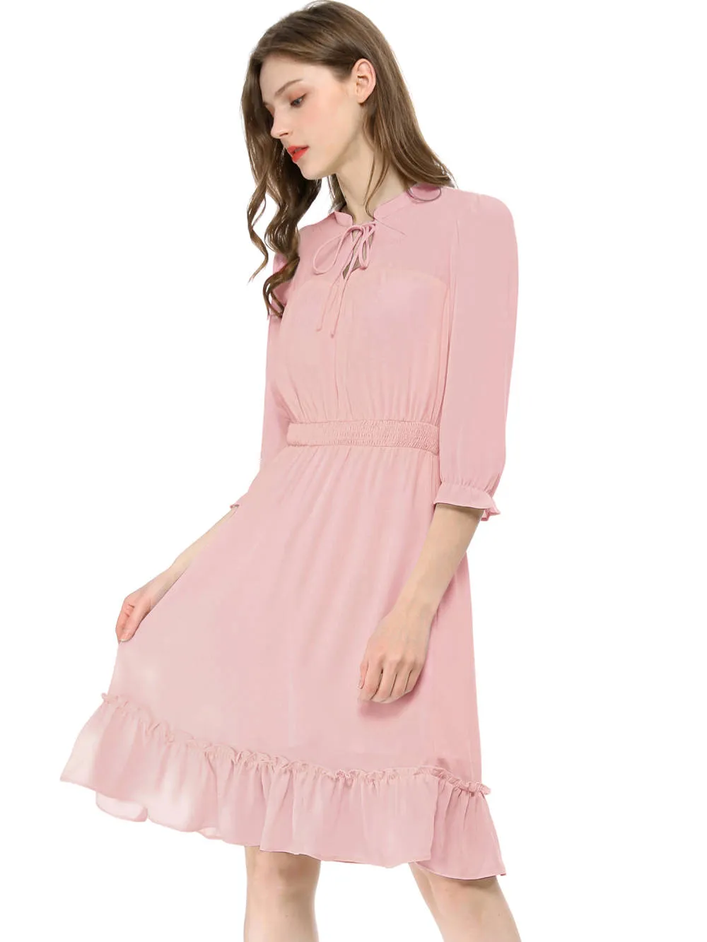 Allegra K- Layered Ruffle Hem 3/4 Sleeve Smocked Chiffon Dress