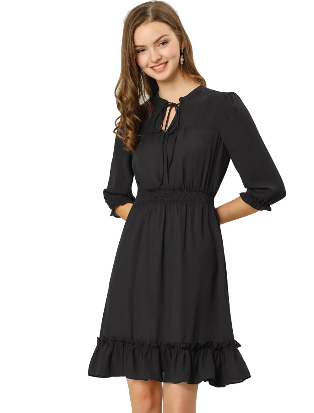 Allegra K- Layered Ruffle Hem 3/4 Sleeve Smocked Chiffon Dress