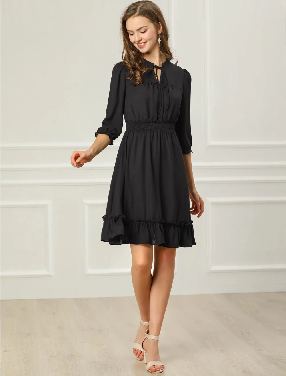 Allegra K- Layered Ruffle Hem 3/4 Sleeve Smocked Chiffon Dress