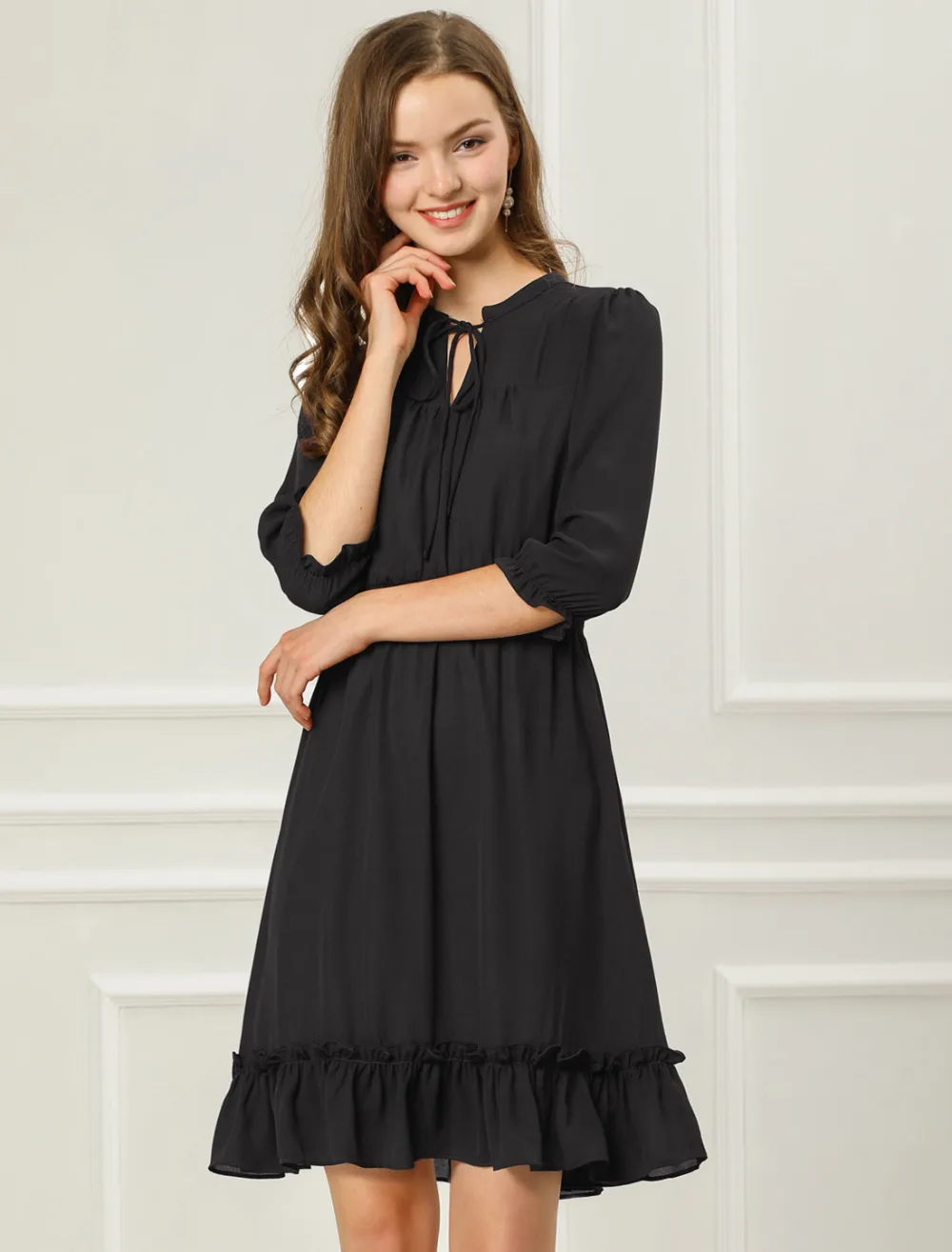 Allegra K- Layered Ruffle Hem 3/4 Sleeve Smocked Chiffon Dress