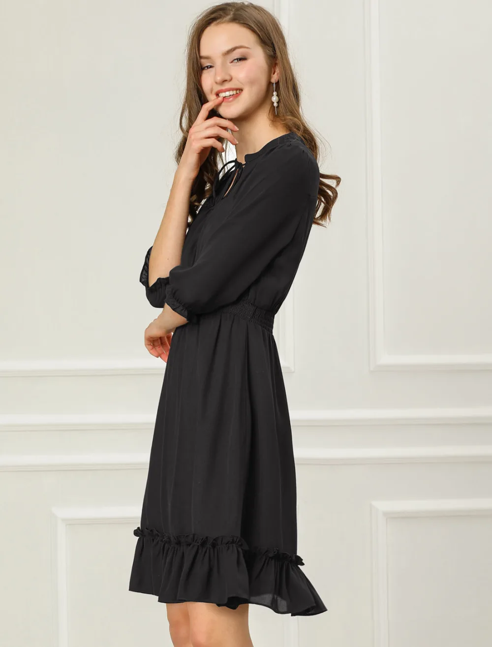 Allegra K- Layered Ruffle Hem 3/4 Sleeve Smocked Chiffon Dress