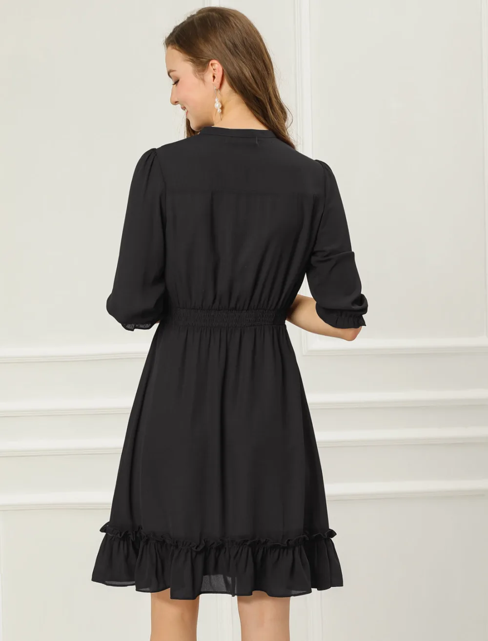 Allegra K- Layered Ruffle Hem 3/4 Sleeve Smocked Chiffon Dress