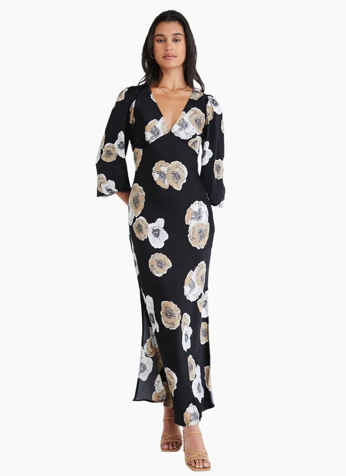 Among The Brave Phoenix Black Floral Satin Ls Bias Midi Dress / Black