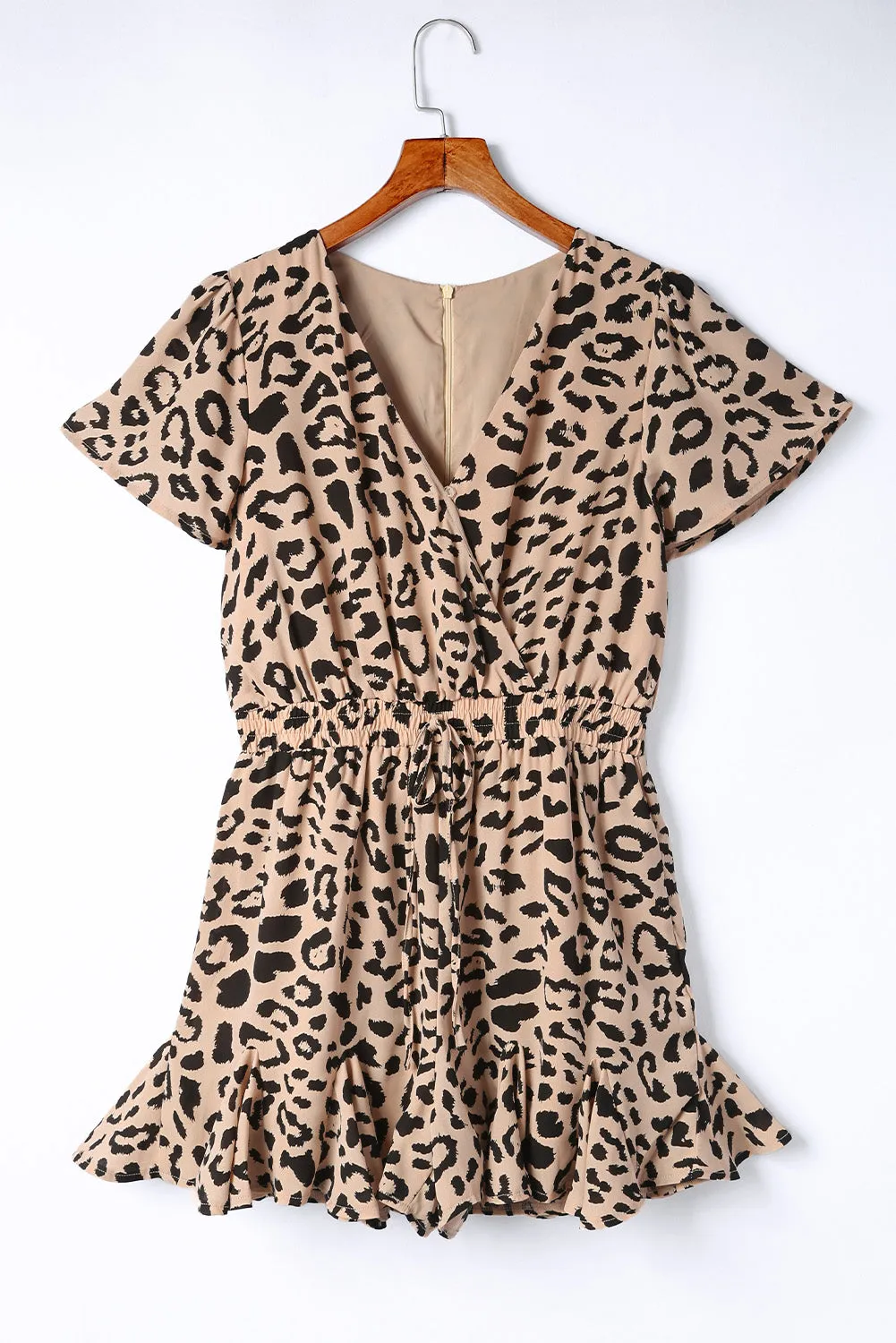 ANGELICA Leopard Flutter Sleeve Ruffle Hem Romper