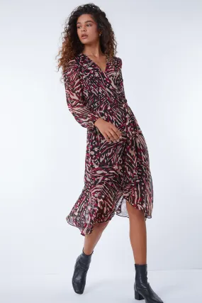 Animal Print Ruffle Hem Midi Dress in Wine - Roman Originals UK