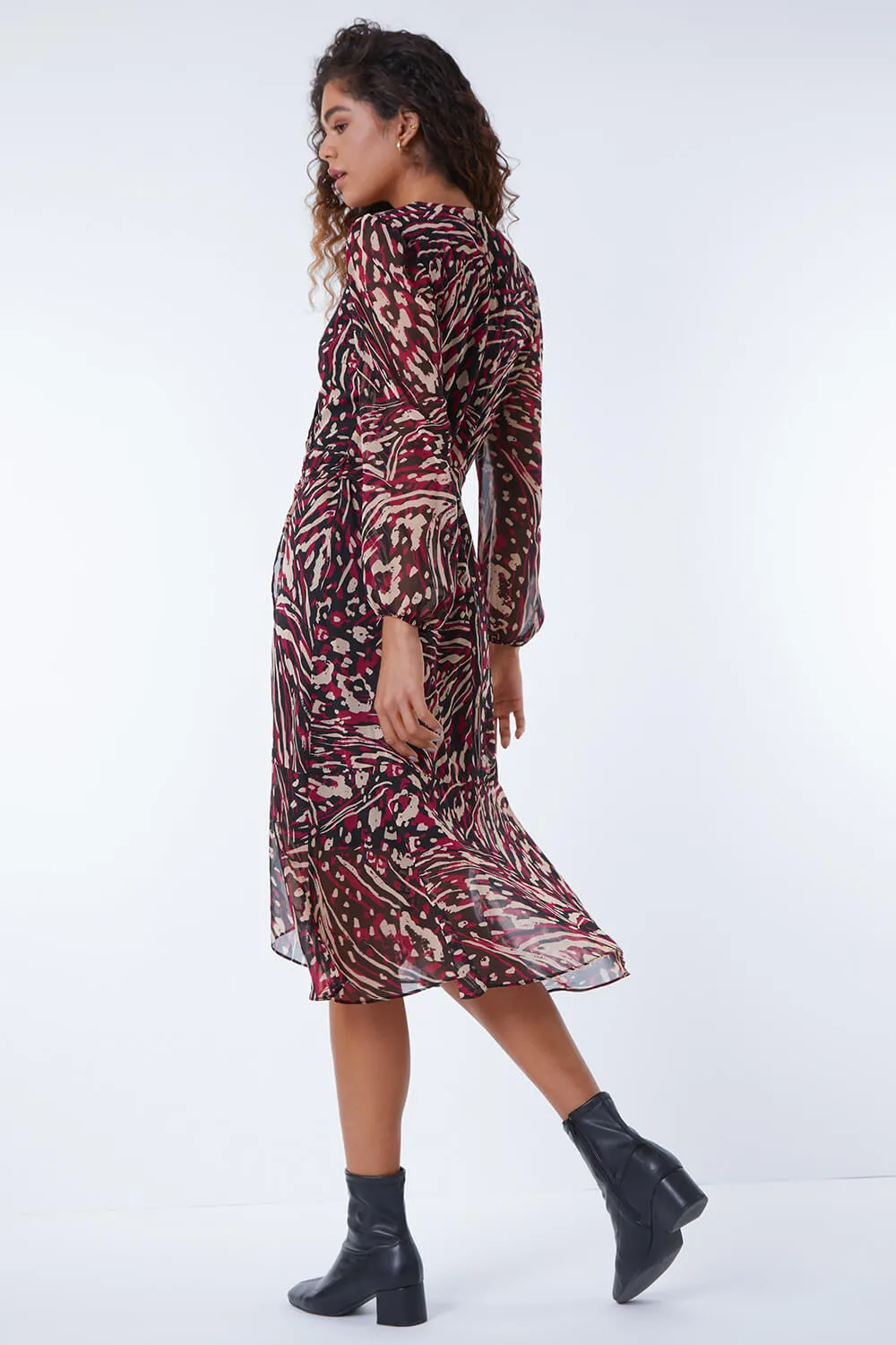 Animal Print Ruffle Hem Midi Dress in Wine - Roman Originals UK