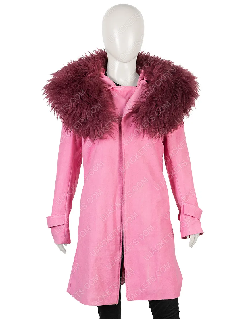 Anne Hathaway Modern Love Faux Fur Collar Pink Trench Coat