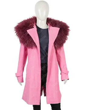 Anne Hathaway Modern Love Faux Fur Collar Pink Trench Coat