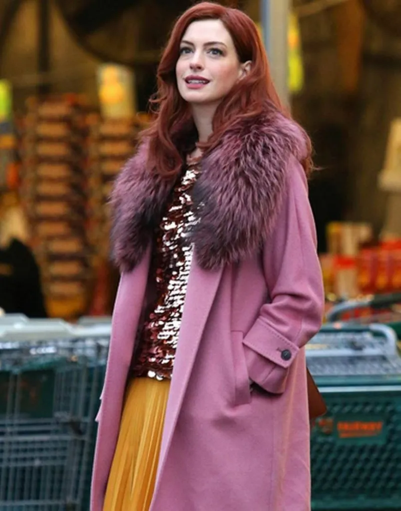 Anne Hathaway Modern Love Faux Fur Collar Pink Trench Coat