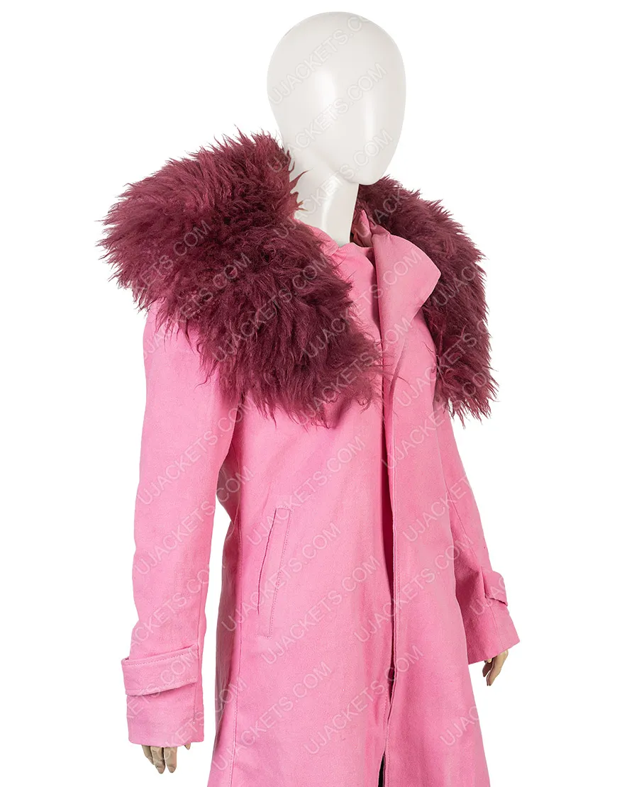 Anne Hathaway Modern Love Faux Fur Collar Pink Trench Coat