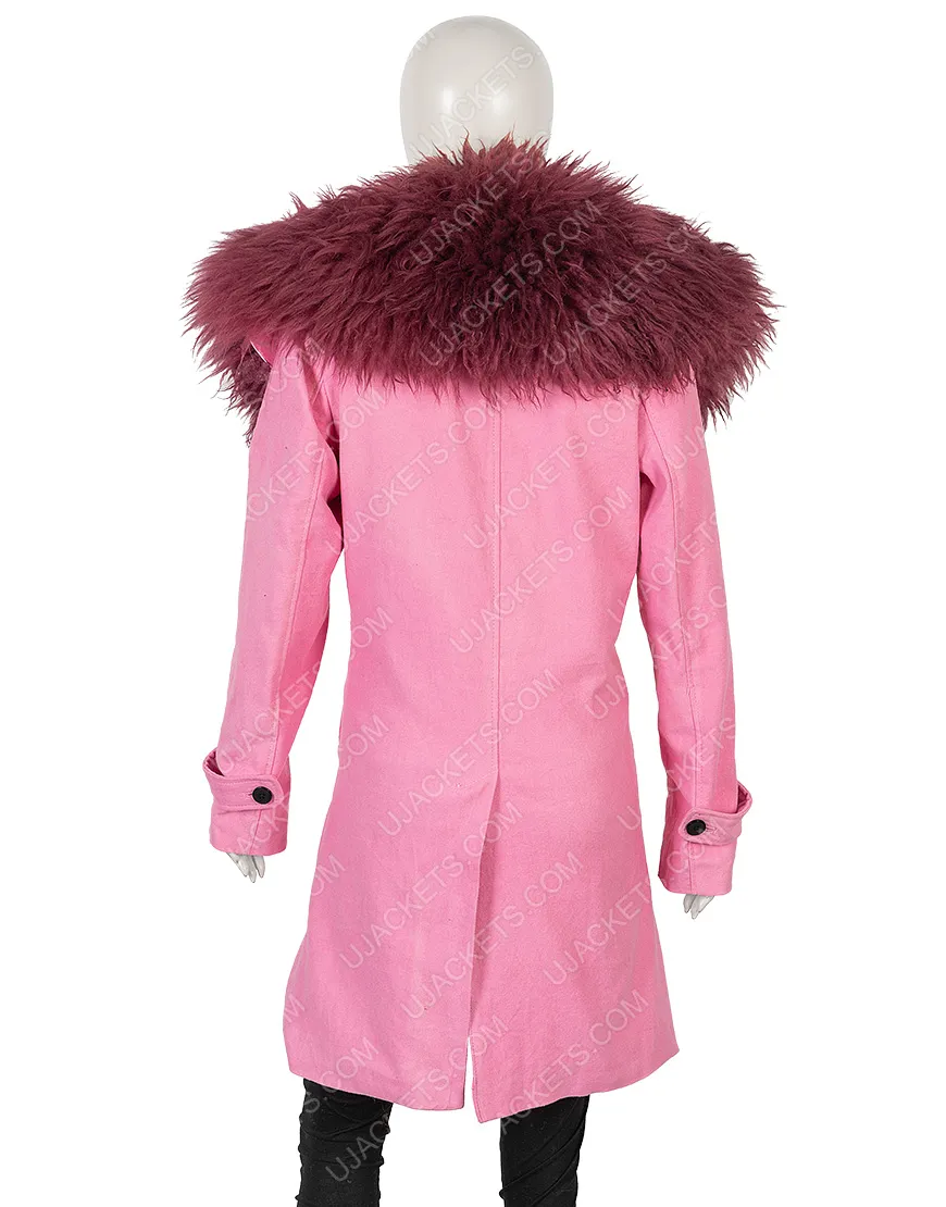 Anne Hathaway Modern Love Faux Fur Collar Pink Trench Coat