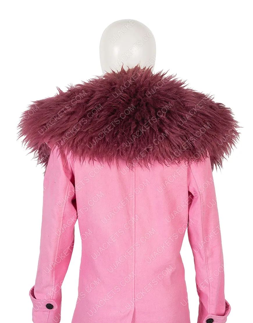 Anne Hathaway Modern Love Faux Fur Collar Pink Trench Coat