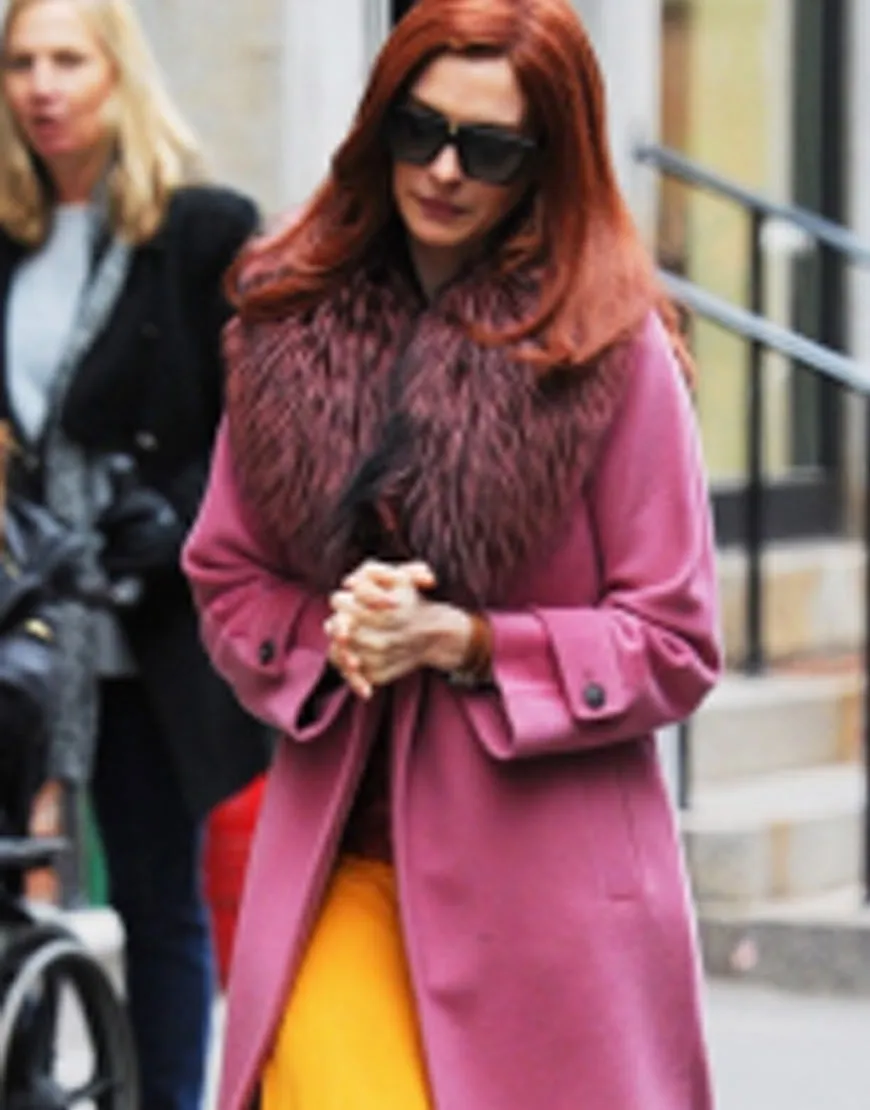 Anne Hathaway Modern Love Faux Fur Collar Pink Trench Coat