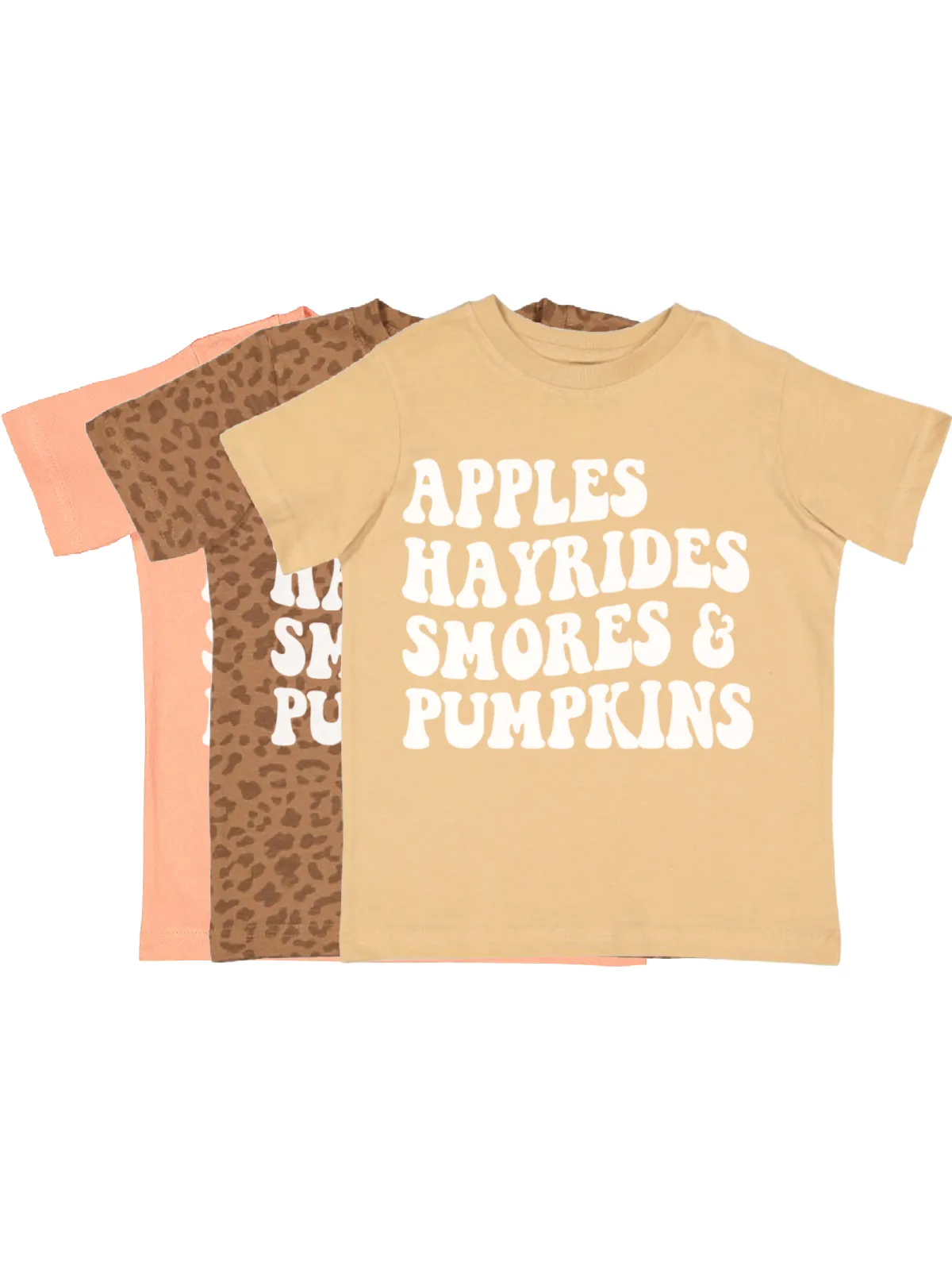 Apples, Hayrides, Smores, & Pumpkins Fall Things Kids Shirts - Latte, Peach, and Leopard