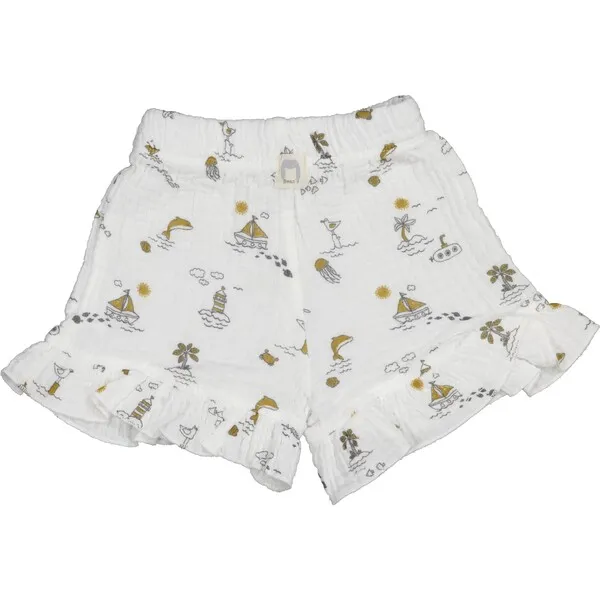 Bean's Barcelona All-Over Sea Theme Print Ruffle Hem Shorts, White And Gold