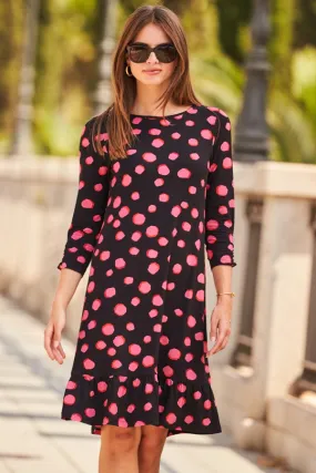 Black & Pink Spot Print Shift Jersey Dress With Ruffle Hem