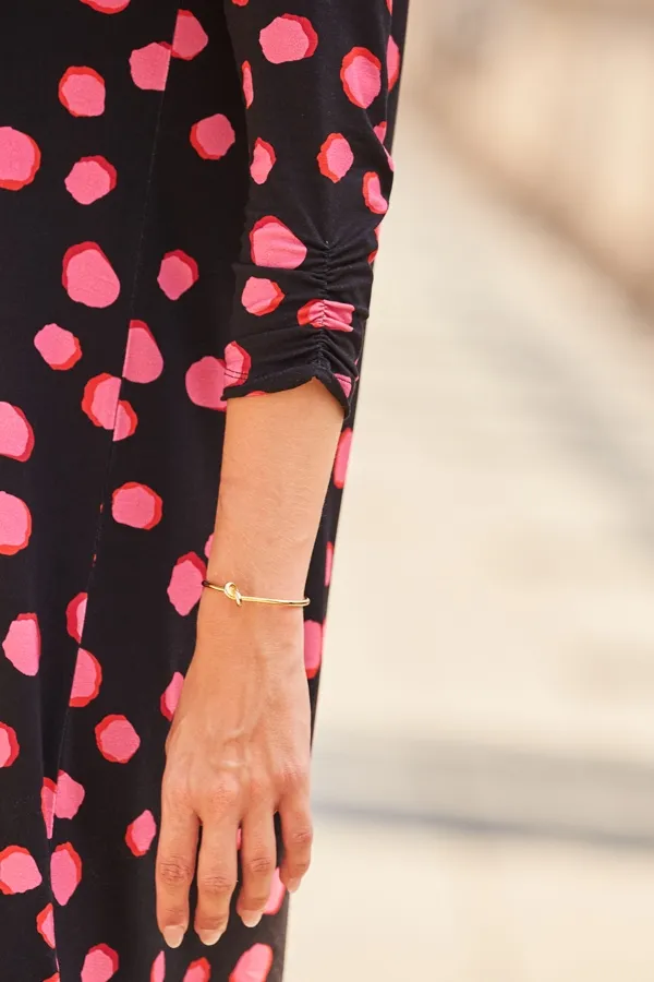 Black & Pink Spot Print Shift Jersey Dress With Ruffle Hem