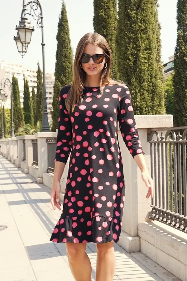 Black & Pink Spot Print Shift Jersey Dress With Ruffle Hem