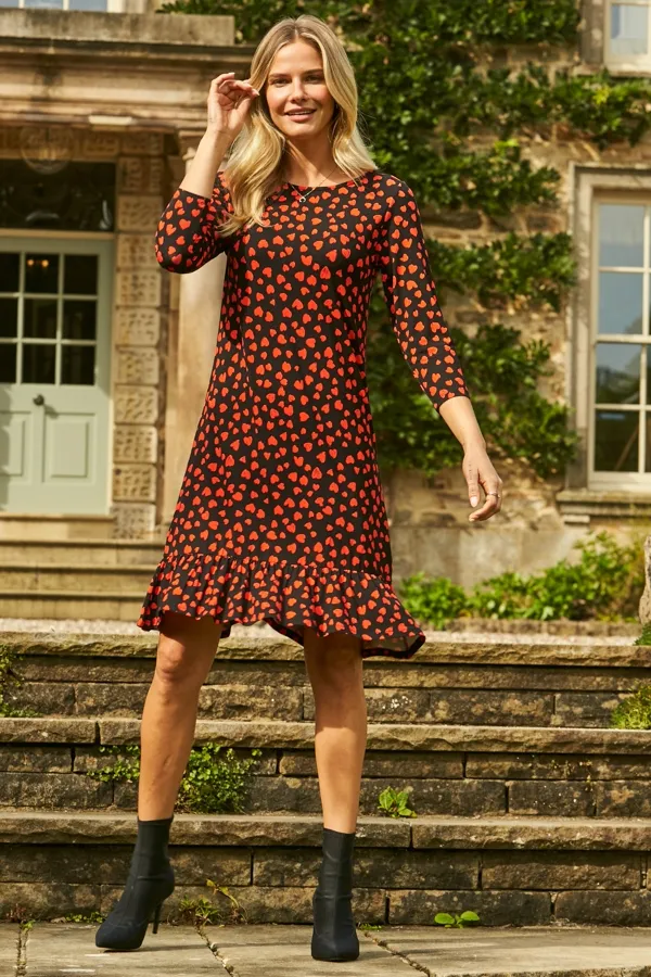 Black & Red Heart Print Ruffle Hem Shift Jersey Dress