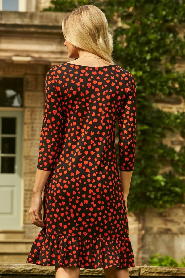 Black & Red Heart Print Ruffle Hem Shift Jersey Dress