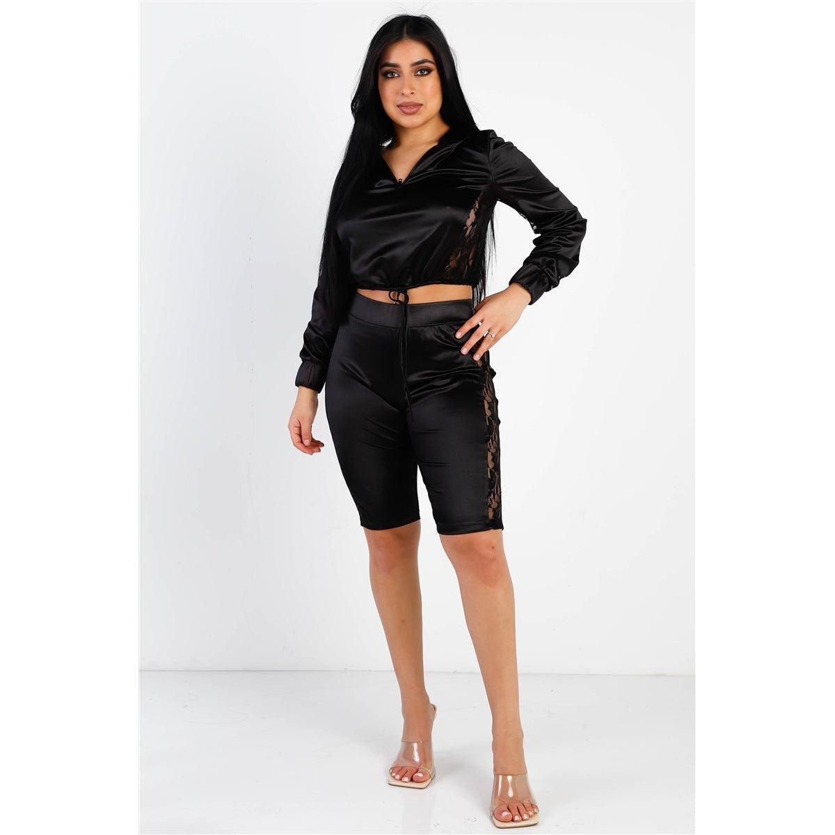 Black Satin Lace Details Long Sleeve Hooded Crop Top & Biker Short Set