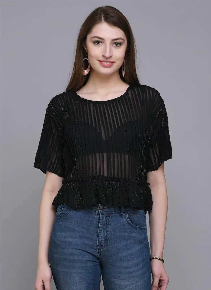 Black Shimmer Crop Top with Ruffle hem