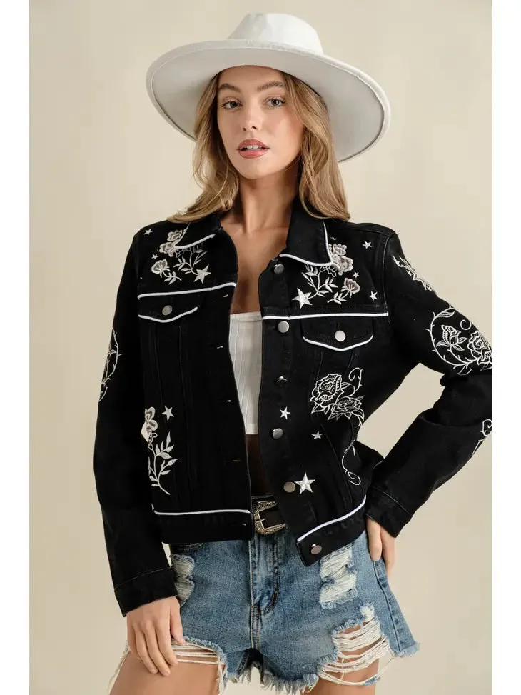 Blue B Twill Denim Embroidered Western Button Up Jacket