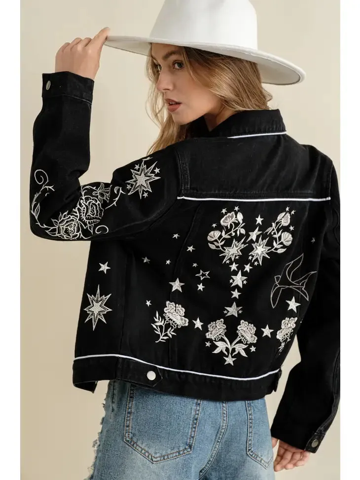 Blue B Twill Denim Embroidered Western Button Up Jacket