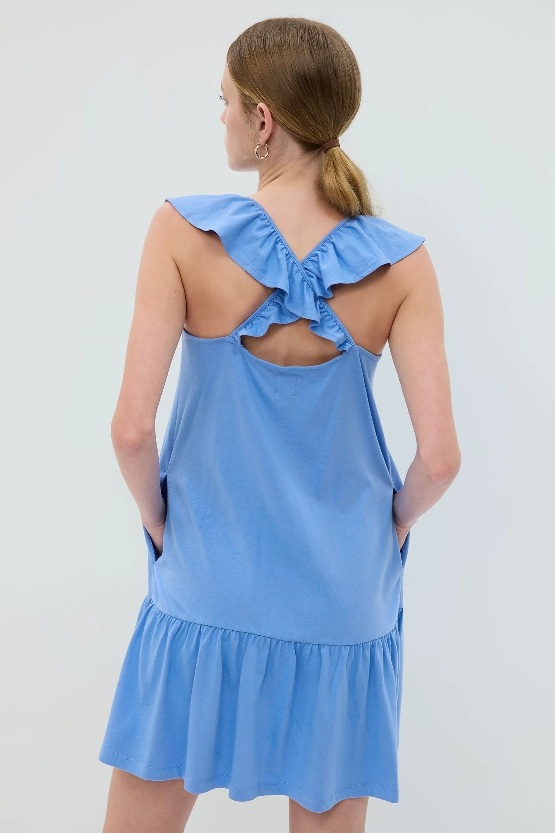 Blue Ruffle Hem Crew Neck Mini Dress