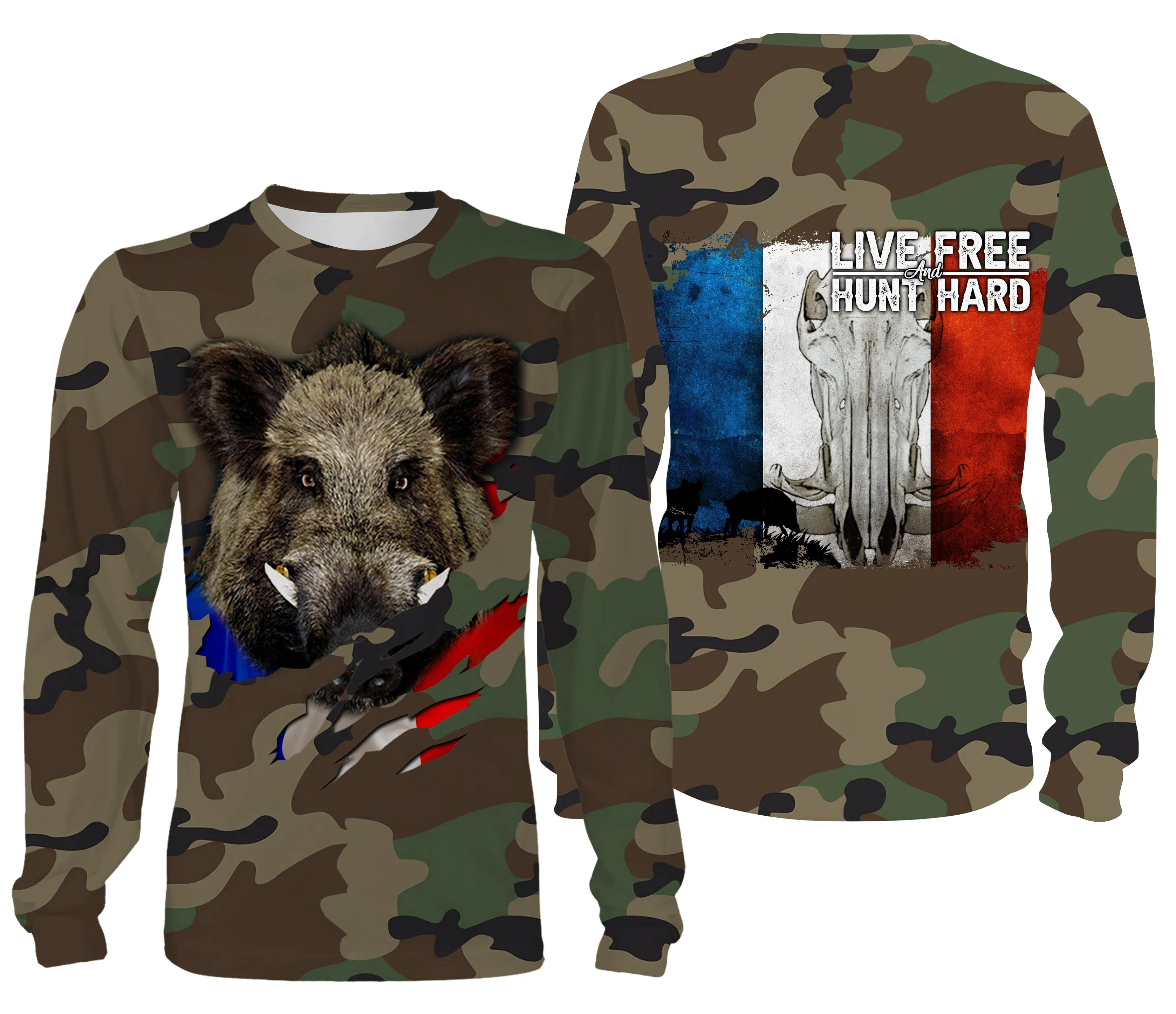 Chasse aux Sangliers, Camouflage Militaire Chasse, Cadeau Chasseurs, Live Free - Hunt Hard, Tee Shirt, Sweat à capuche, Vêtement