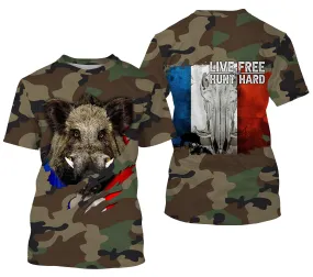 Chasse aux Sangliers, Camouflage Militaire Chasse, Cadeau Chasseurs, Live Free - Hunt Hard, Tee Shirt, Sweat à capuche, Vêtement