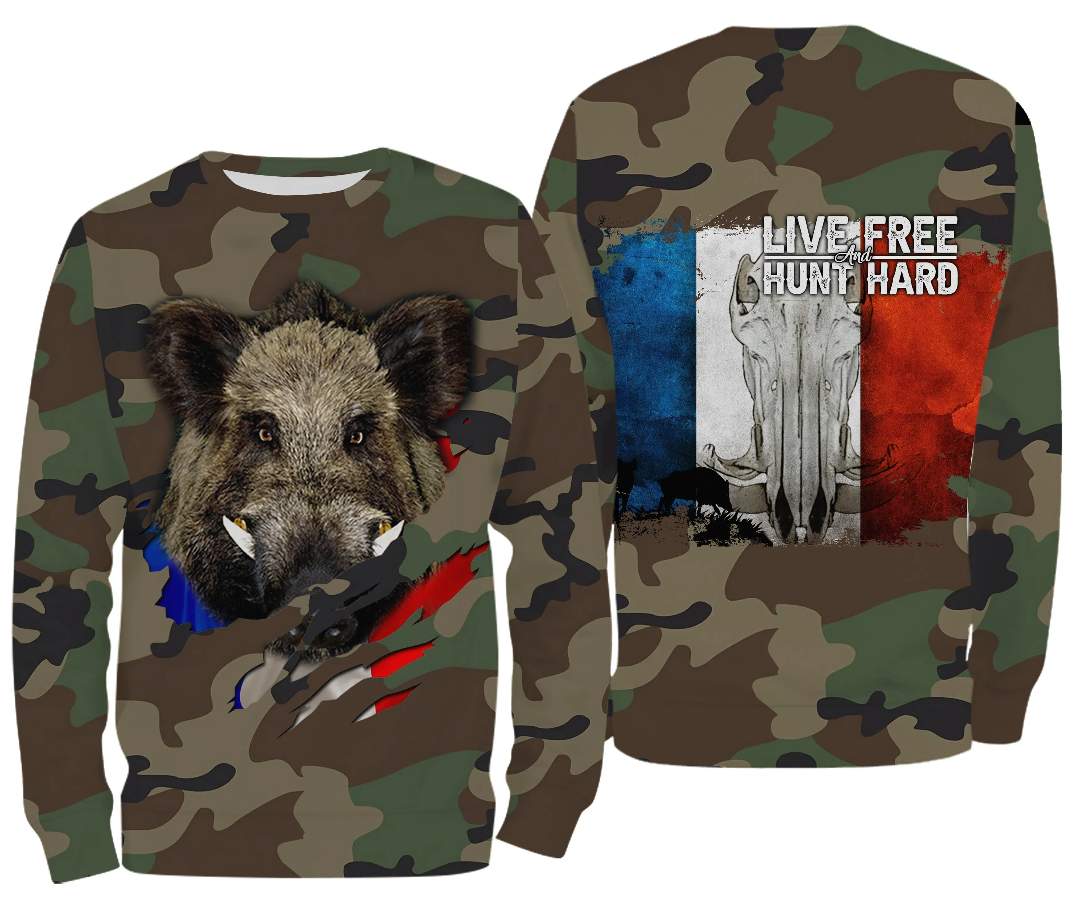 Chasse aux Sangliers, Camouflage Militaire Chasse, Cadeau Chasseurs, Live Free - Hunt Hard, Tee Shirt, Sweat à capuche, Vêtement