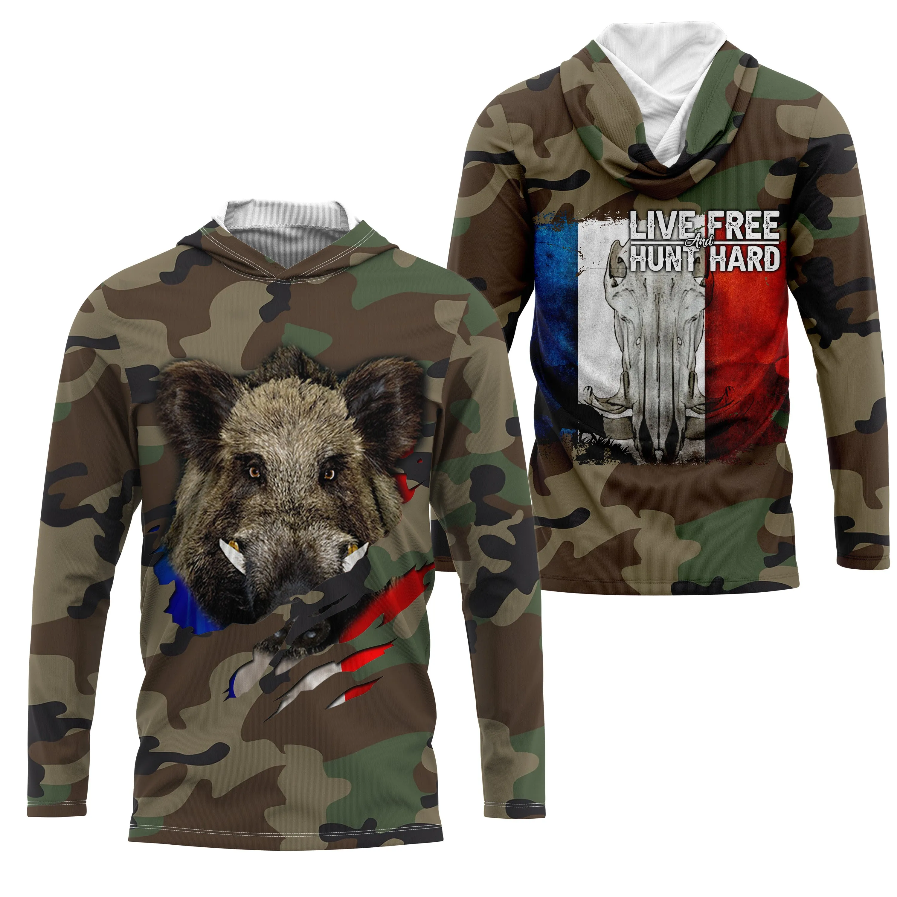 Chasse aux Sangliers, Camouflage Militaire Chasse, Cadeau Chasseurs, Live Free - Hunt Hard, Tee Shirt, Sweat à capuche, Vêtement