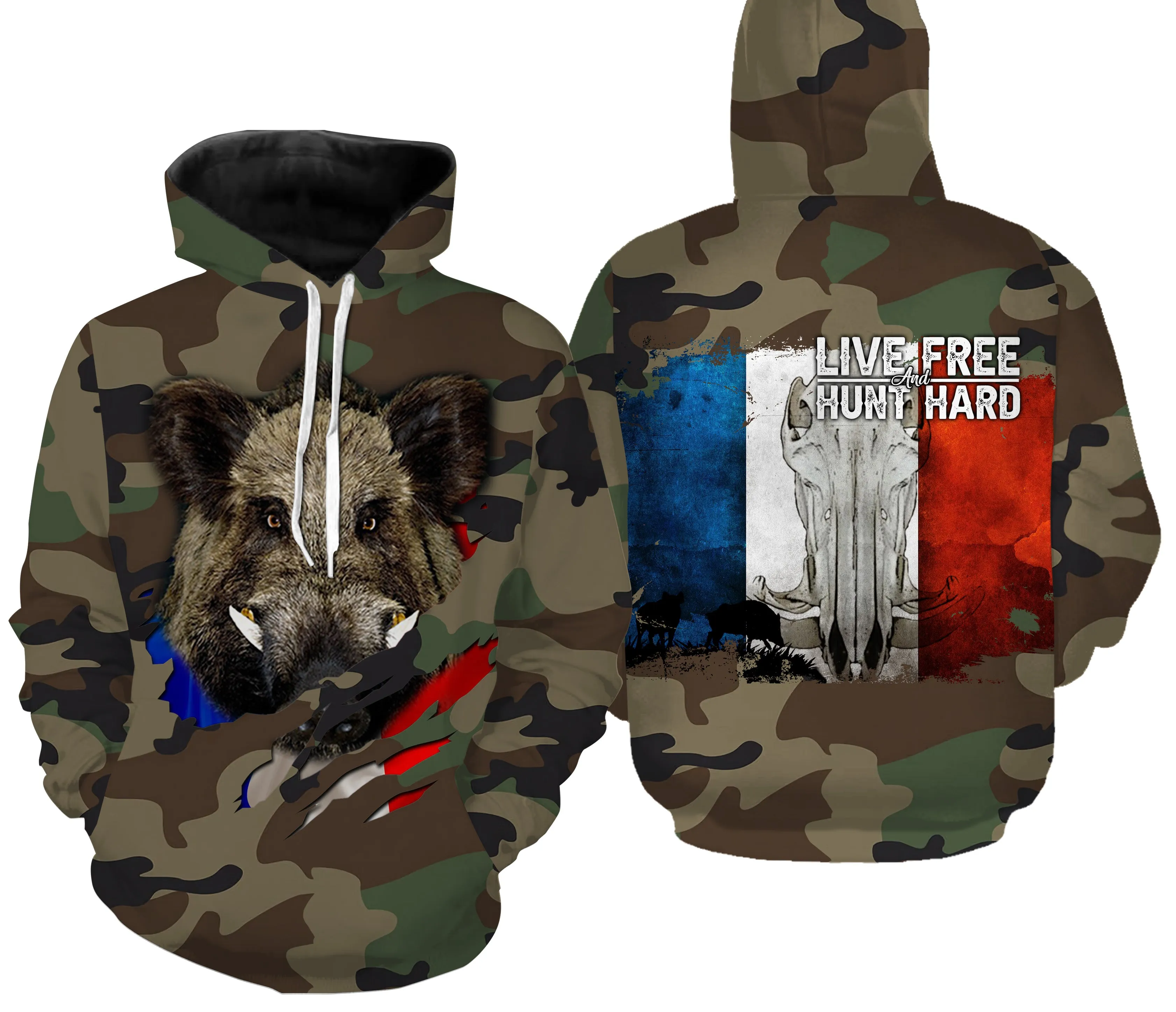 Chasse aux Sangliers, Camouflage Militaire Chasse, Cadeau Chasseurs, Live Free - Hunt Hard, Tee Shirt, Sweat à capuche, Vêtement