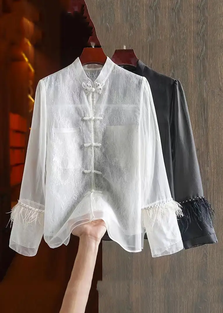 Chinese Style White Feathers Lace Patchwork Shirt Long Sleeve QA1055