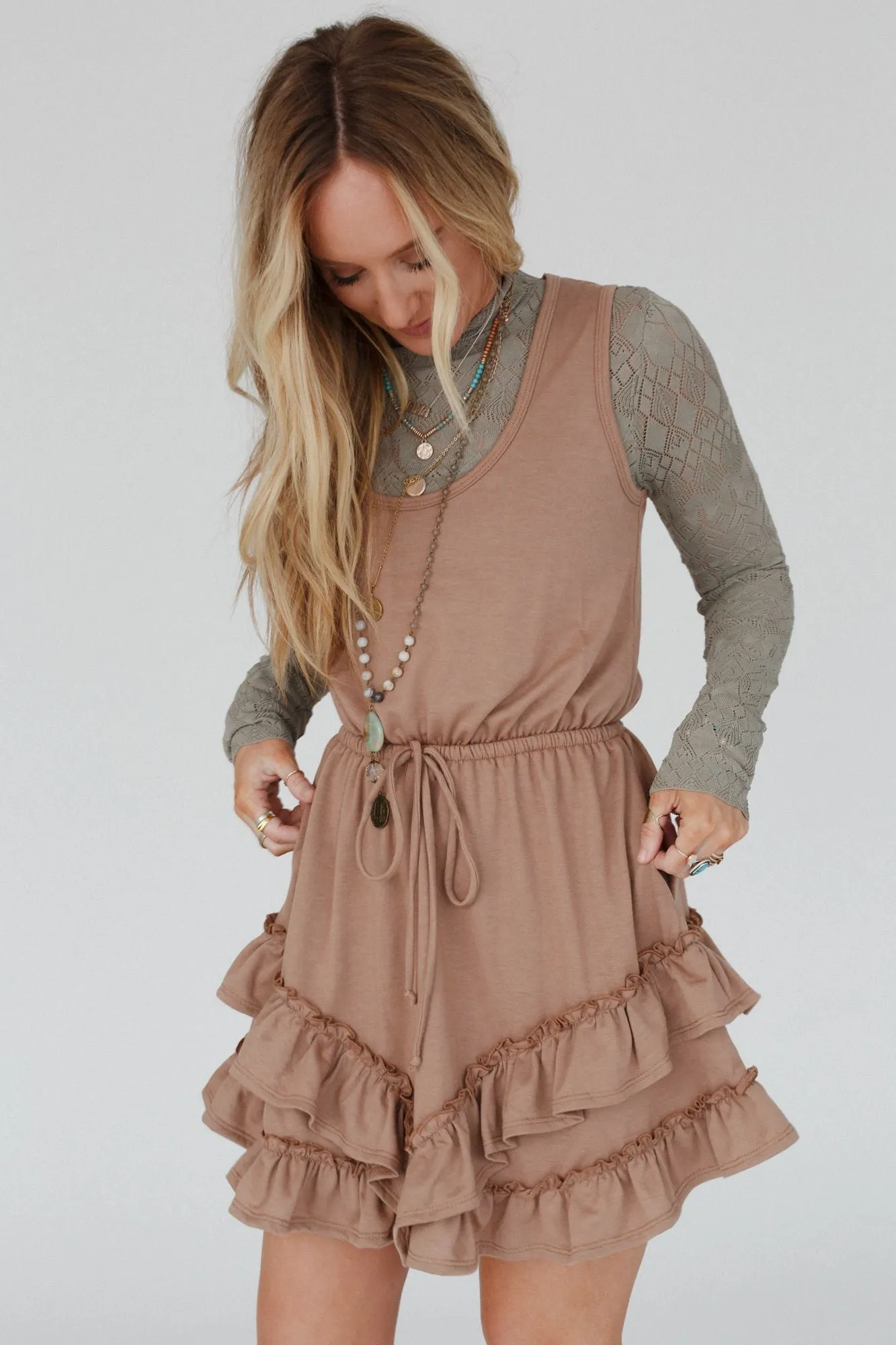 Constance Ruffle Hem Sleeveless Dress - Caramel