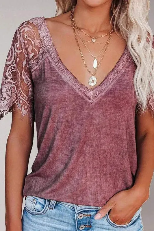 Contrast Lace V Neck Short Sleeve T Shirt