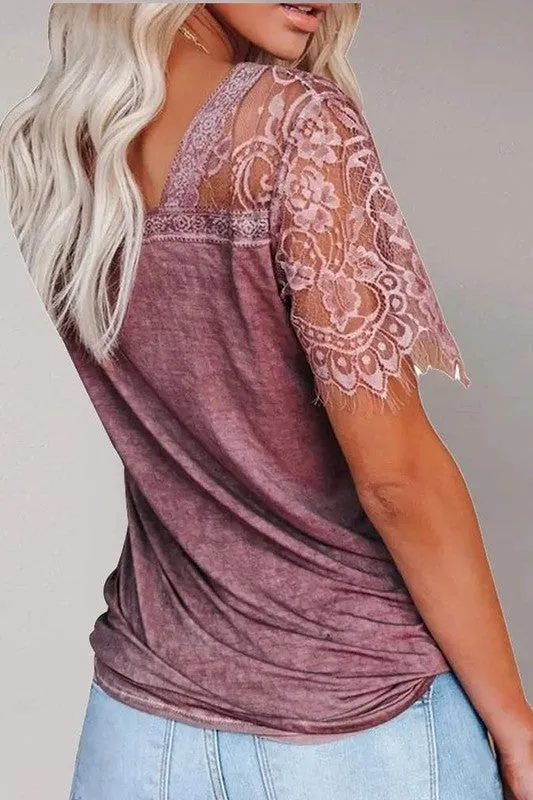 Contrast Lace V Neck Short Sleeve T Shirt