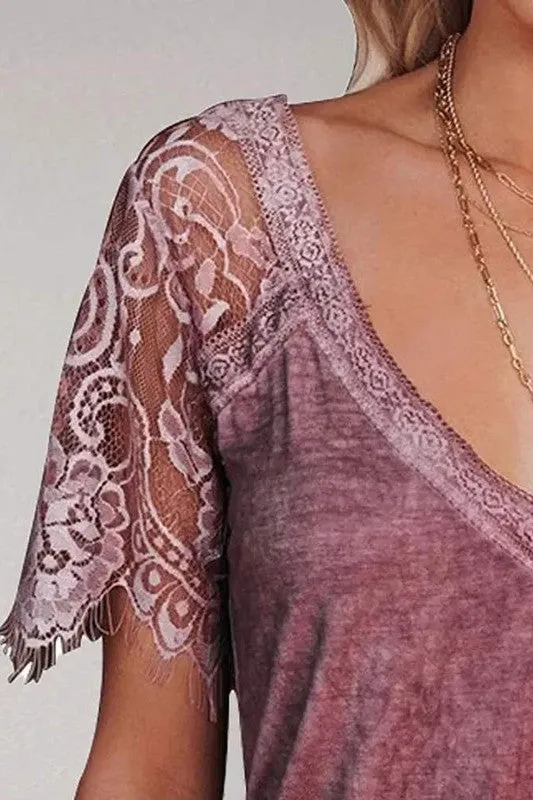 Contrast Lace V Neck Short Sleeve T Shirt