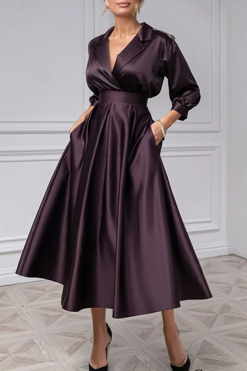 Elegant Satin A-Line V-Neck 3/4 Sleeves Beaded Mother of the Bride Dress QM3373