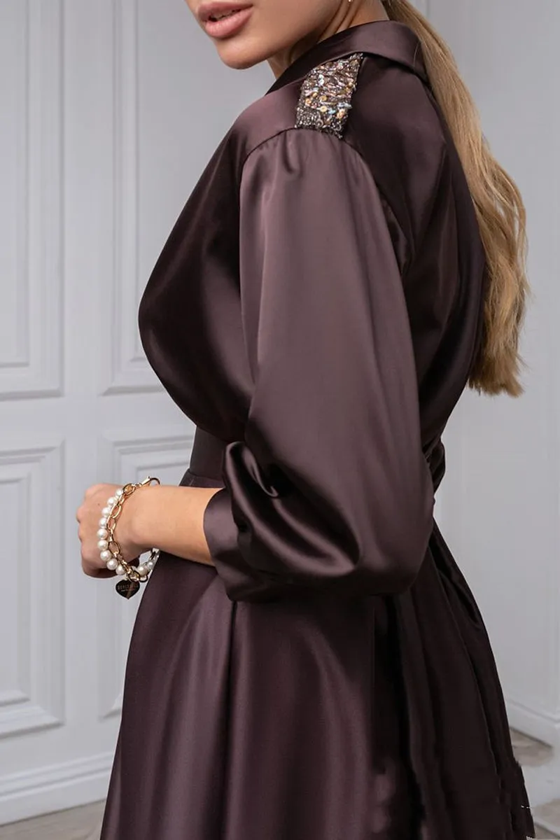 Elegant Satin A-Line V-Neck 3/4 Sleeves Beaded Mother of the Bride Dress QM3373