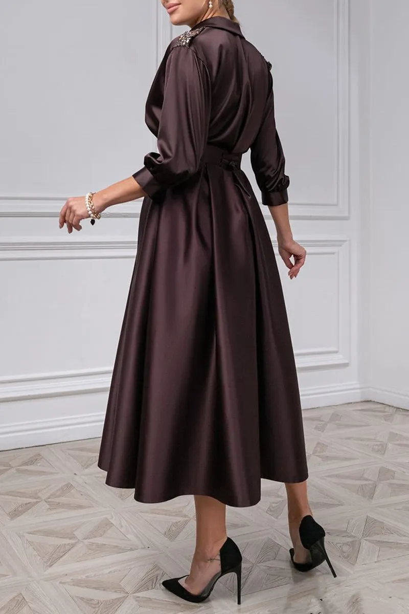 Elegant Satin A-Line V-Neck 3/4 Sleeves Beaded Mother of the Bride Dress QM3373