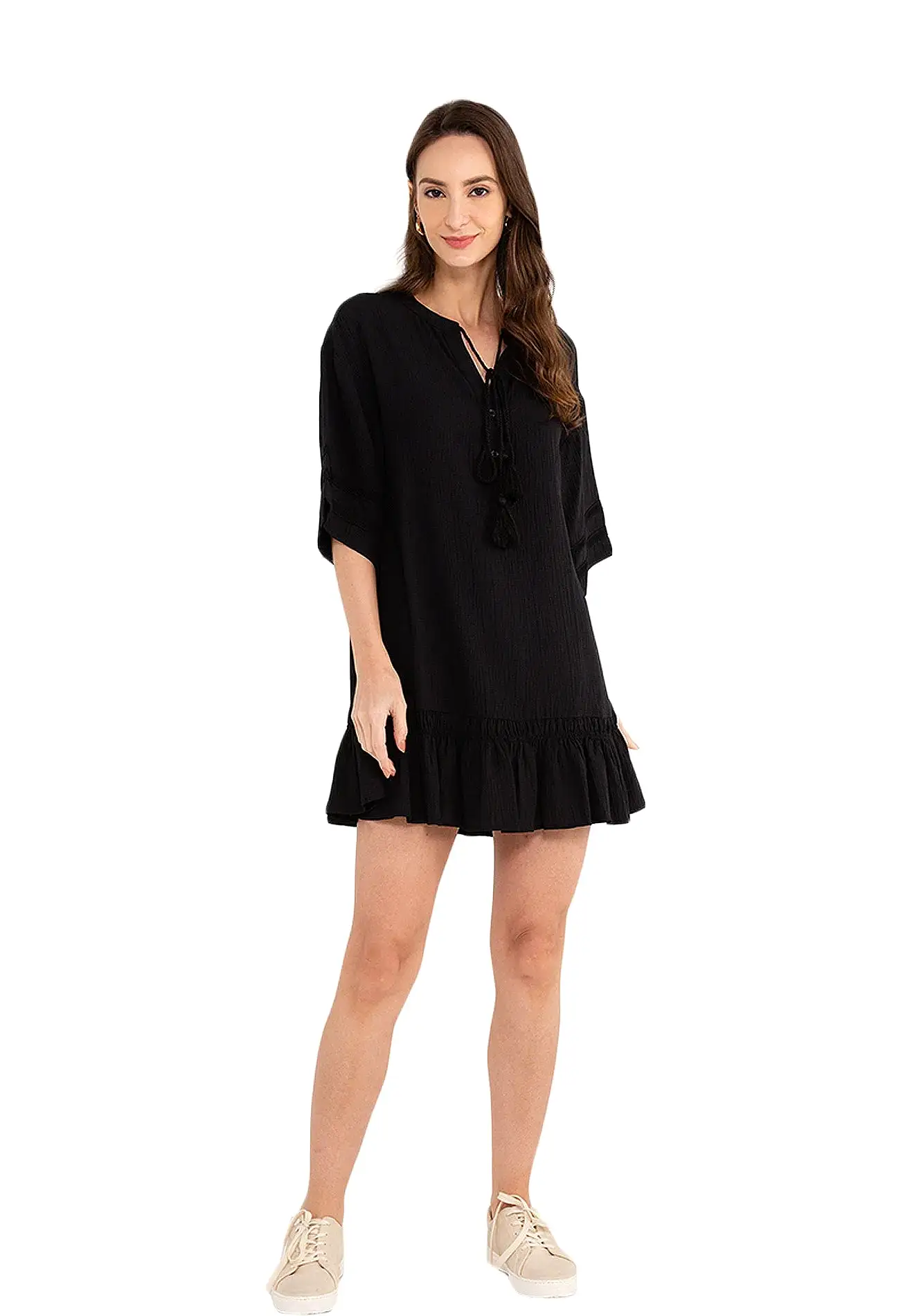 ELLE Apparel Tie Neck Ruffle Hem Ruched Mini Dress