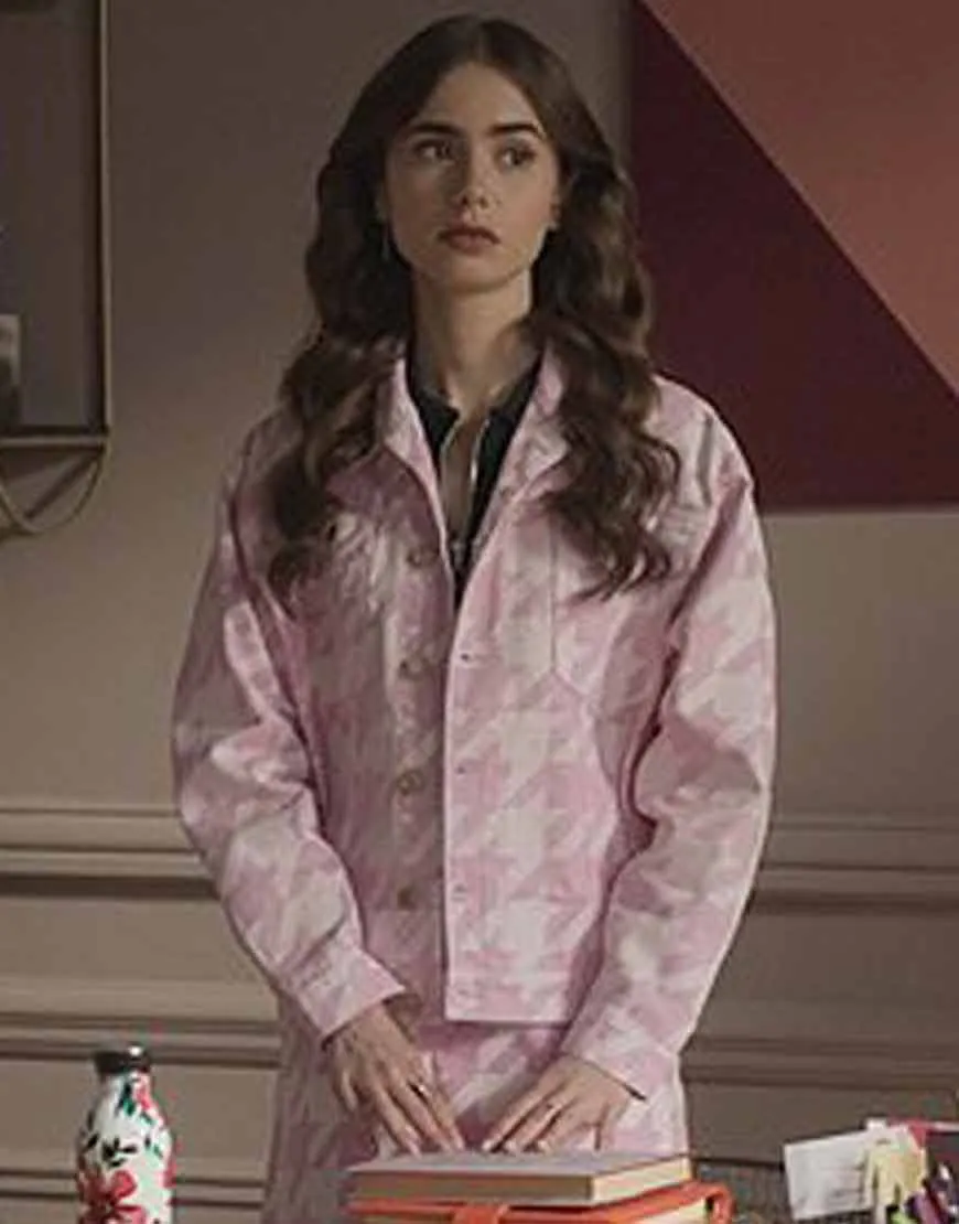 Emily In Paris Lily Collins Houndstooth Jacket | Ujackets.com