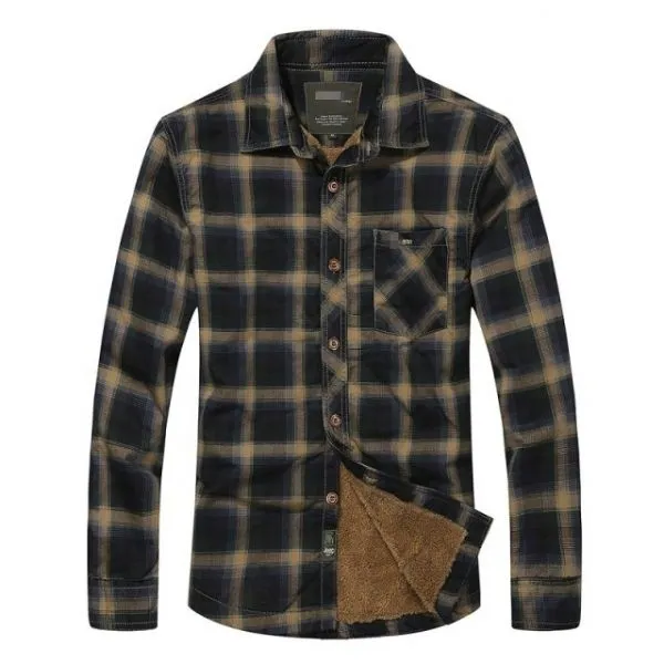 Faux Fur Lined Winter Shirt for Men Plaid Checkers Design