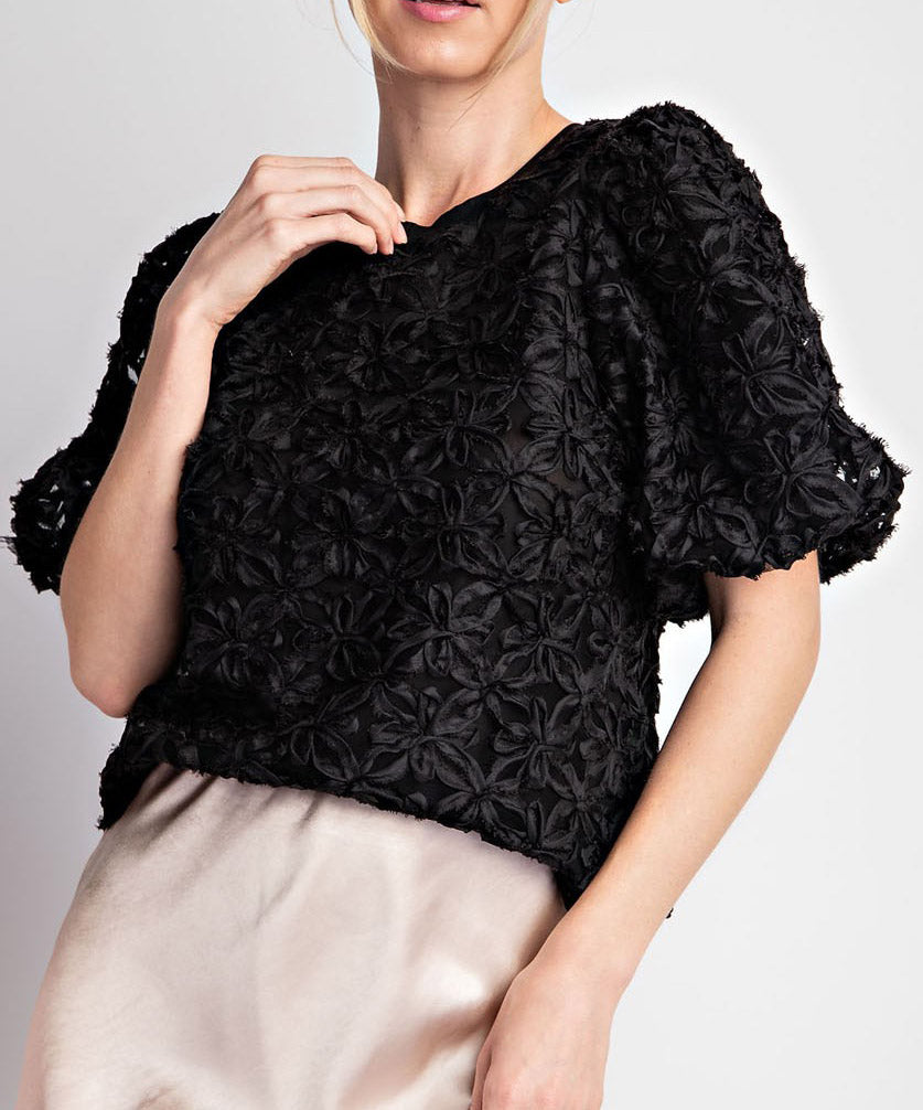 Floral Lace Puff Sleeve Top - Black