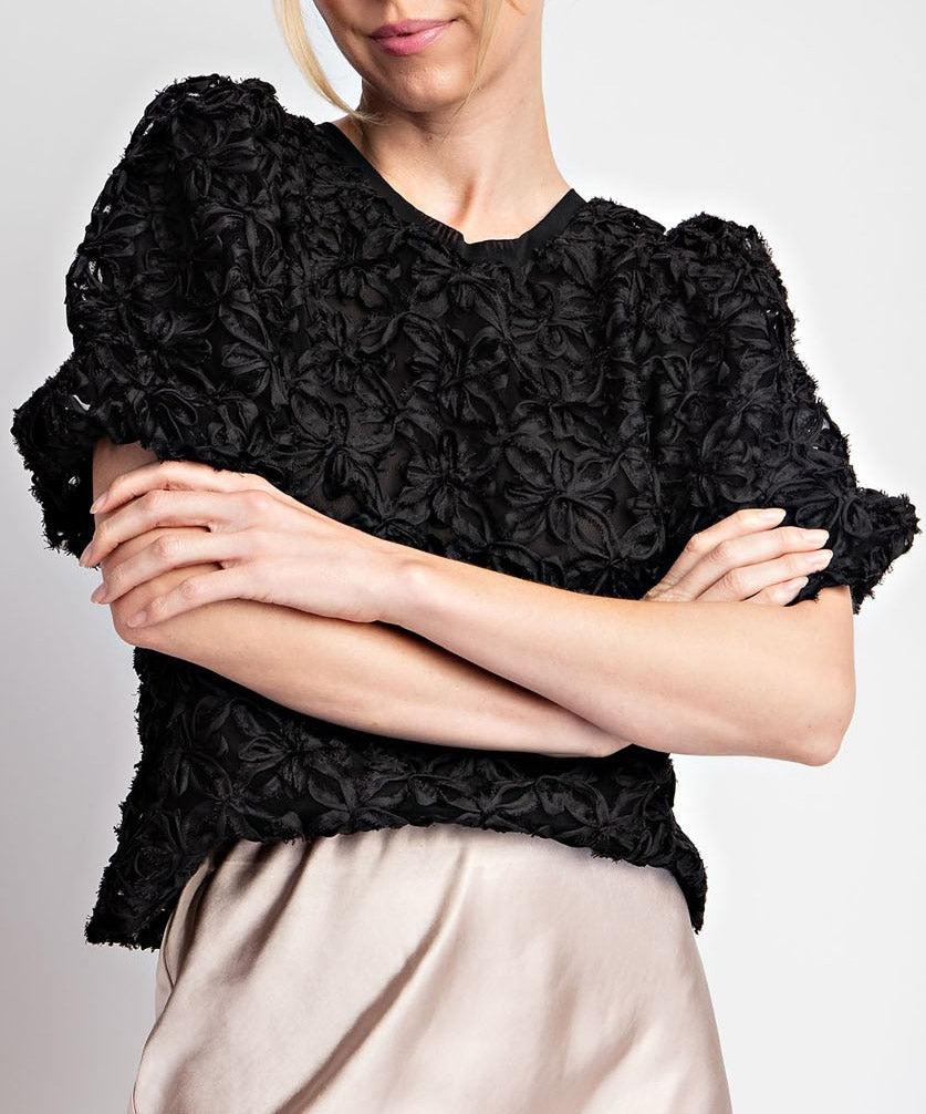 Floral Lace Puff Sleeve Top - Black