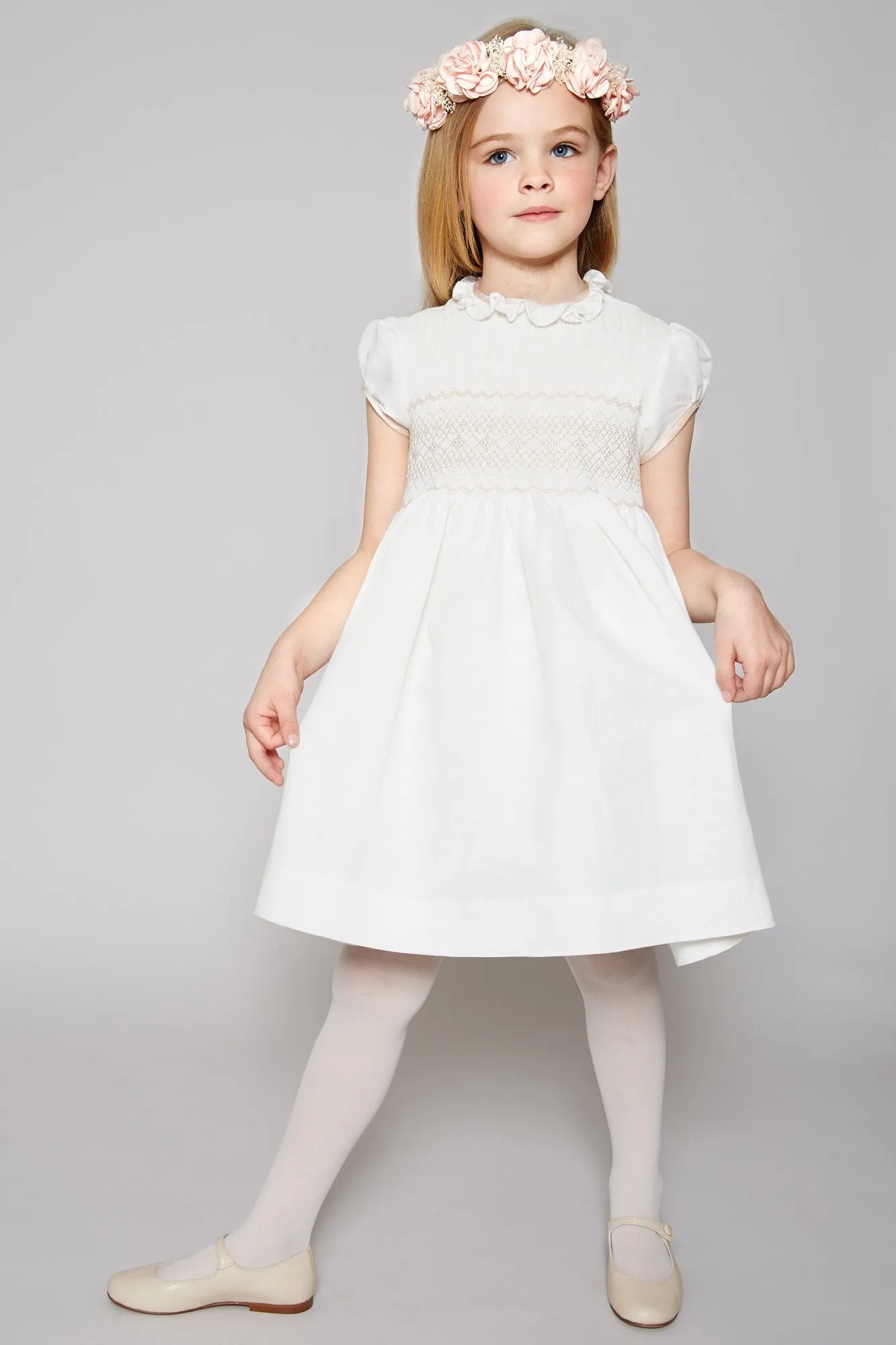 Ivory Handsmocked Occasion Dress with Pink Details (12mths-8yrs)