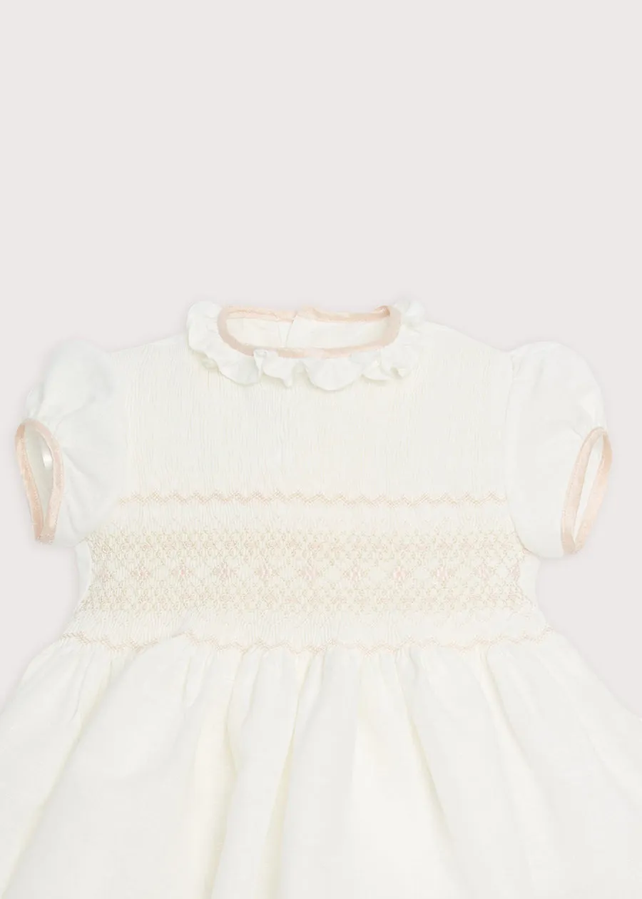 Ivory Handsmocked Occasion Dress with Pink Details (12mths-8yrs)