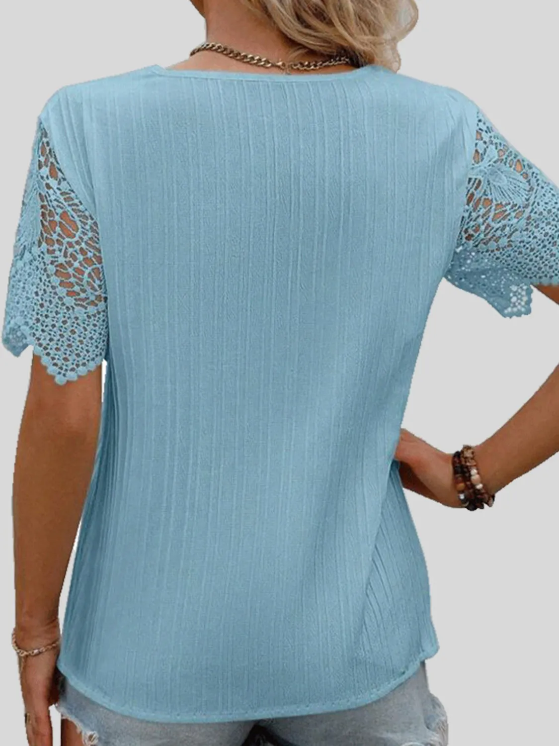 Lace Detail V-Neck Short Sleeve Blouse